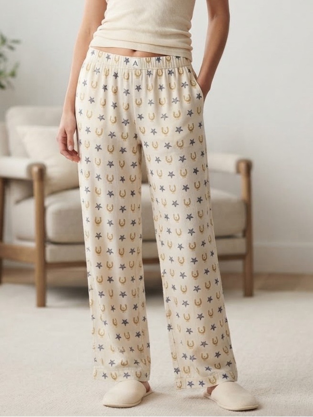 Anthropologie The Wren Boxer Pajama Pants Celestial Moon Star Horseshoe EUC M